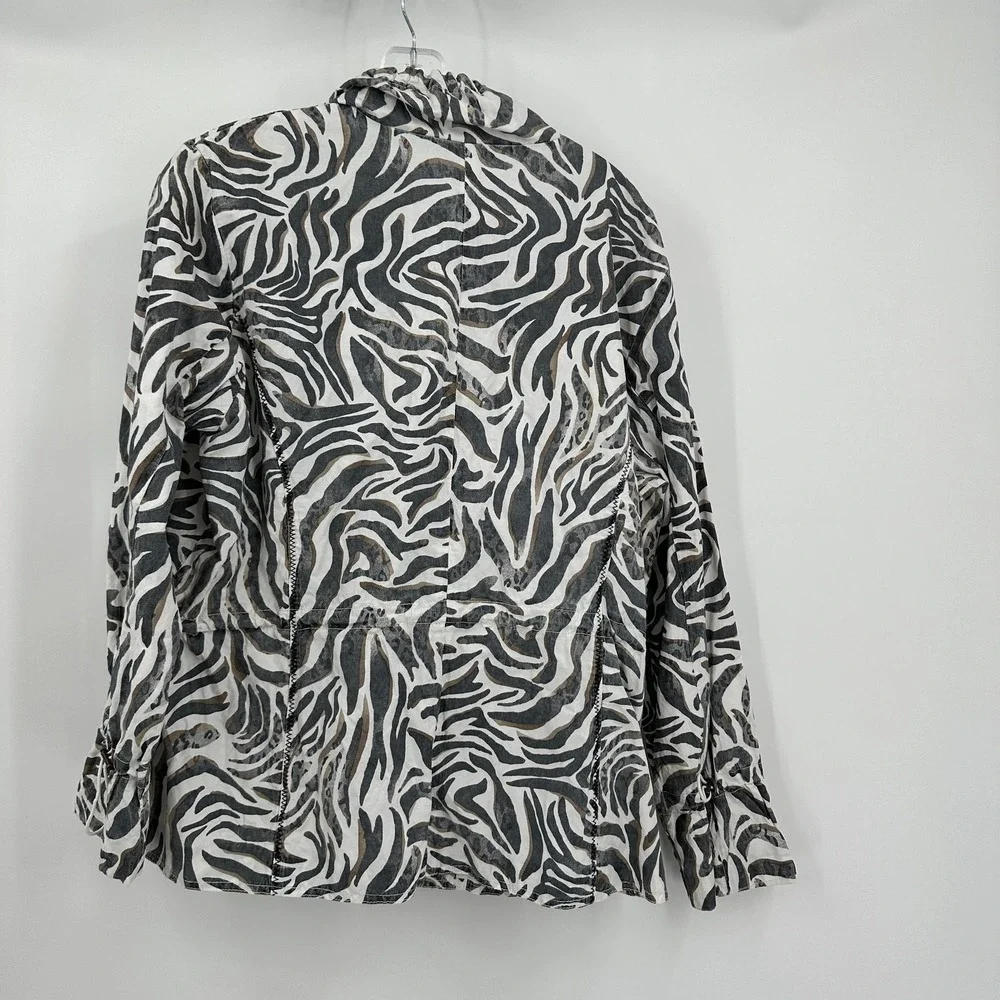 Chicos Womens Zebra Print Zip Up Jacket Size 3 US XL Ruffle Collar Metallic Bold